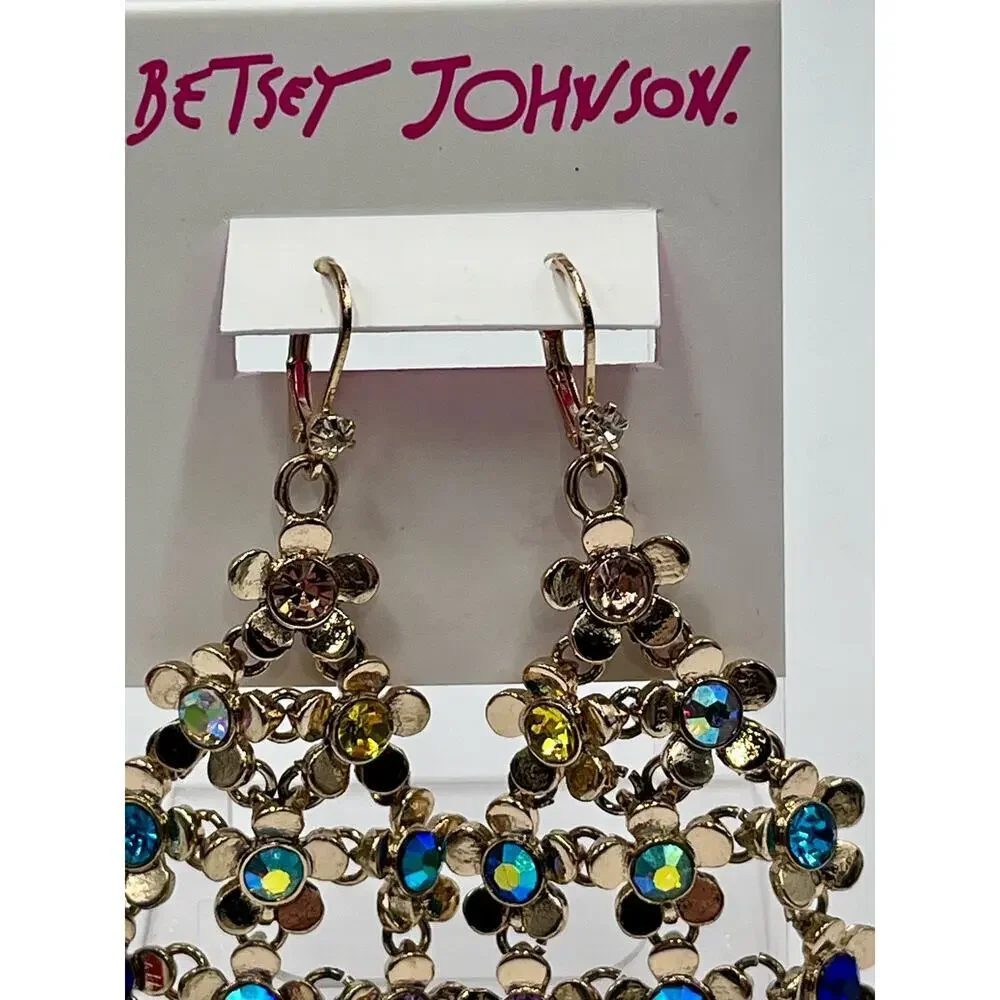 Betsey Johnson Gold Tone Love Fest Flower & Crystal Chandelier Drop Earrings New